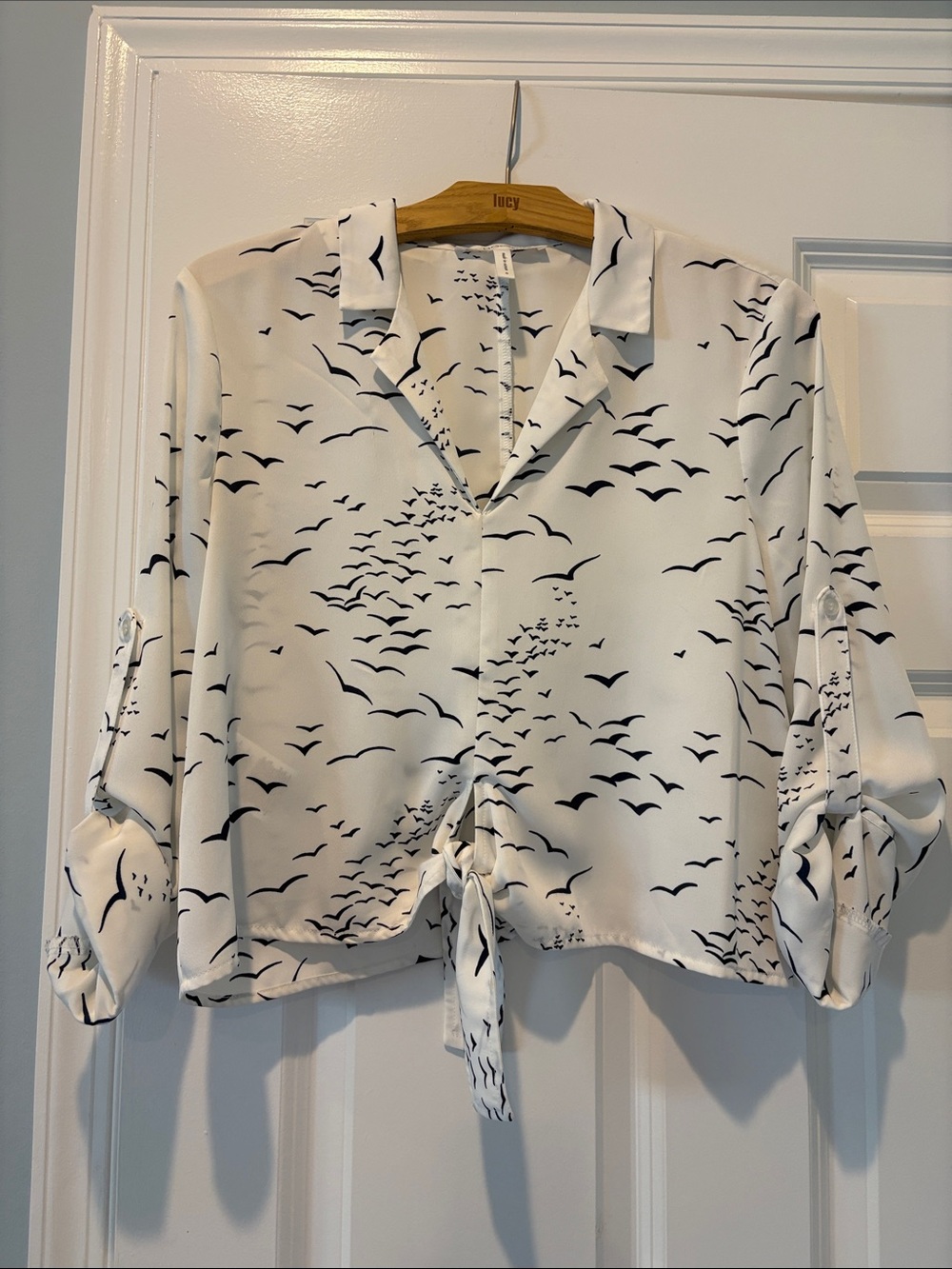 BCBGeneration White Blouse with Navy Bird Print Tie-Front